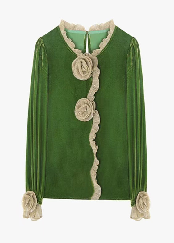 Boutique Green Ruffled Velour Blouse Tops Fall Wp024