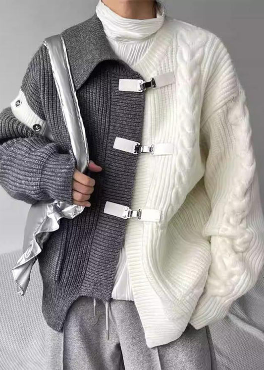Boutique Grey Asymmetrical Buckle Patchwork Knit Sweaters Spring Yy036