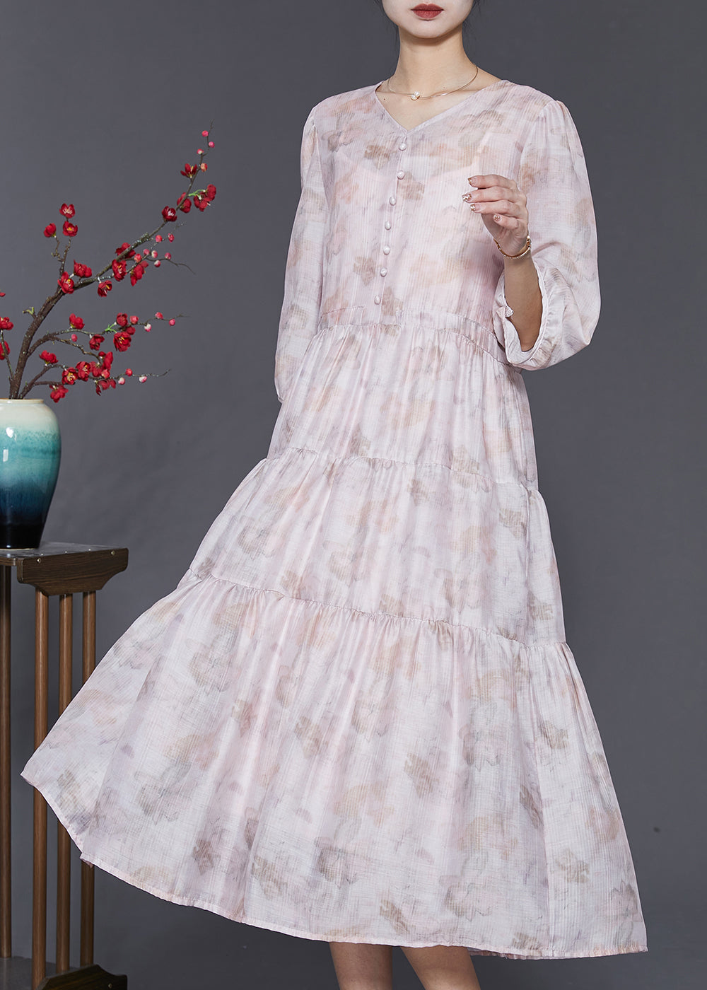 Boutique Light Purple V Neck Print Cotton Long Dress Bracelet Sleeve Sd1054