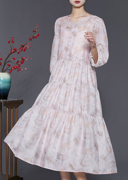 Boutique Light Purple V Neck Print Cotton Long Dress Bracelet Sleeve Sd1054