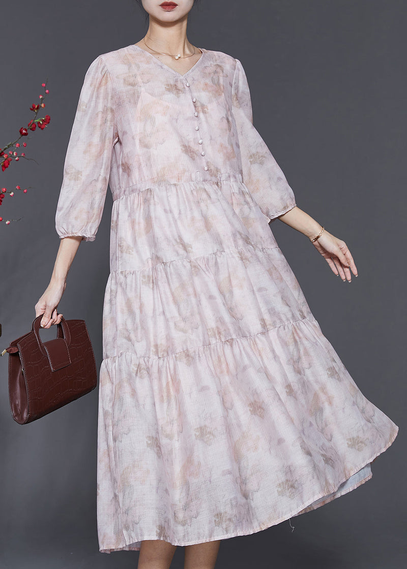 Boutique Light Purple V Neck Print Cotton Long Dress Bracelet Sleeve Sd1054