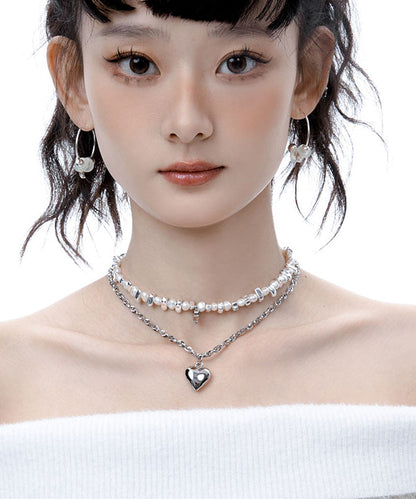 Boutique Pearl Love Heart Pendant Two Piece Set Alloy Necklace
