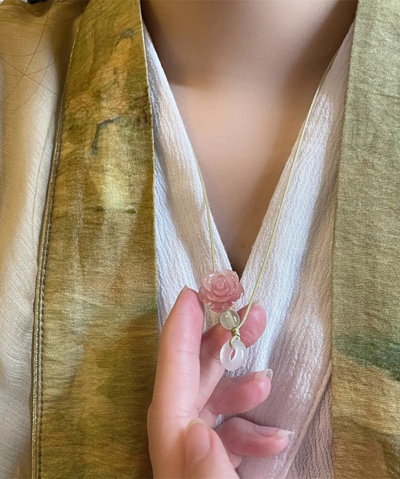 Boutique Pink Hand Woven Jade Lotus Pendant Necklace Gh1084