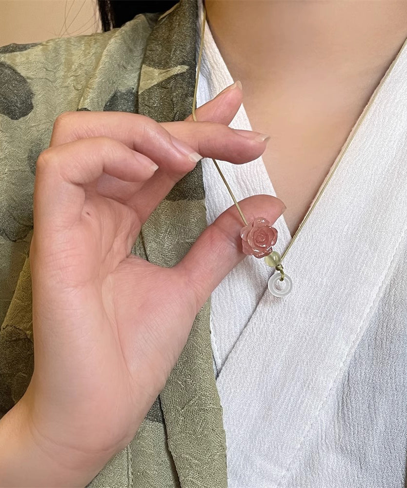 Boutique Pink Hand Woven Jade Lotus Pendant Necklace Gh1084
