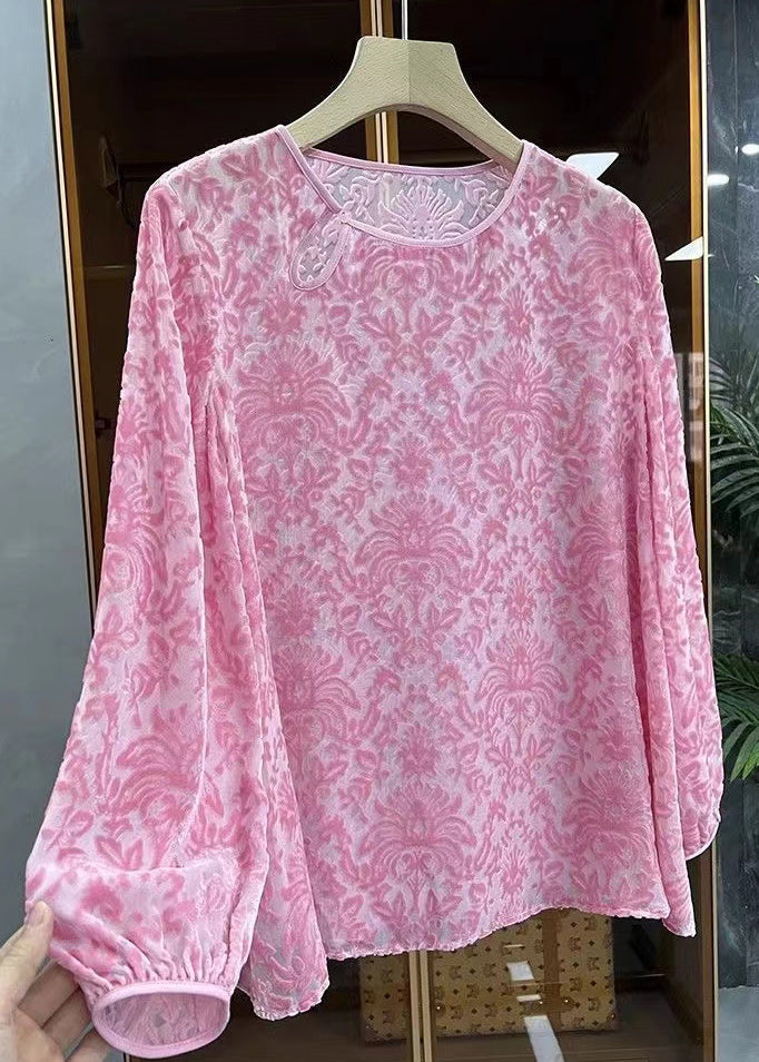 Boutique Pink O Neck Jacquard Silk Velour Blouse Top Spring Ww1013