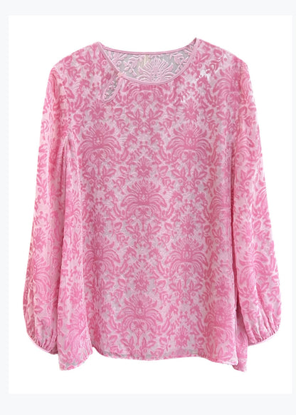 Boutique Pink O Neck Jacquard Silk Velour Blouse Top Spring Ww1013