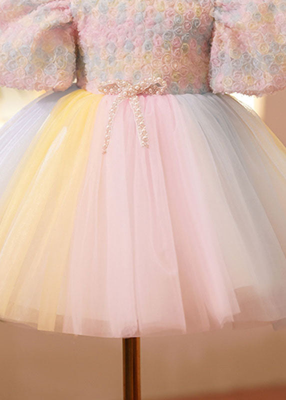 Boutique Pink O-neck Nail Bead Tulle Kids Vacation Long Dresses Short Sleeve Ys002