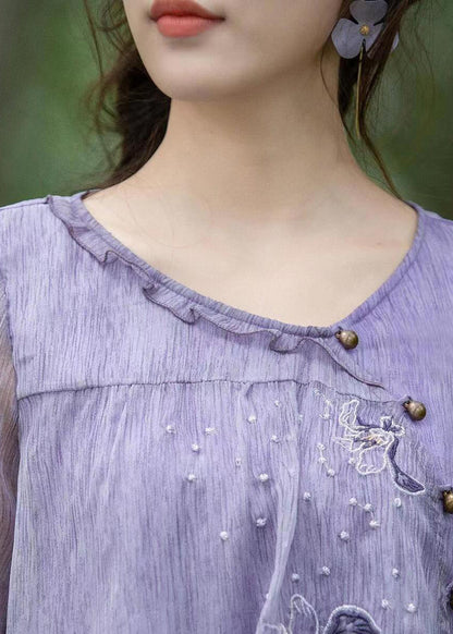 Boutique Purple Ruffled Embroidered Chiffon Blouse Tops Summer Bv056