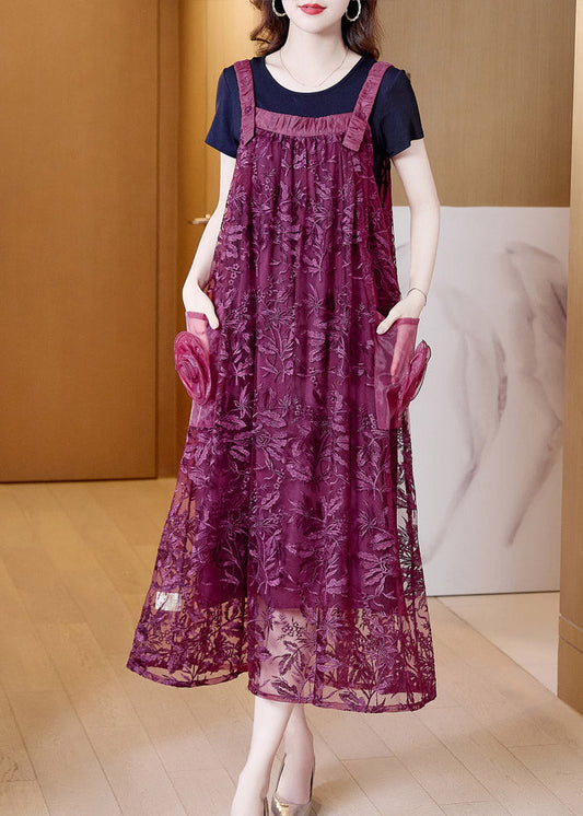 Boutique Purple Slash Neck Embroideried Tulle Slip Long Dress Summer Ac2040