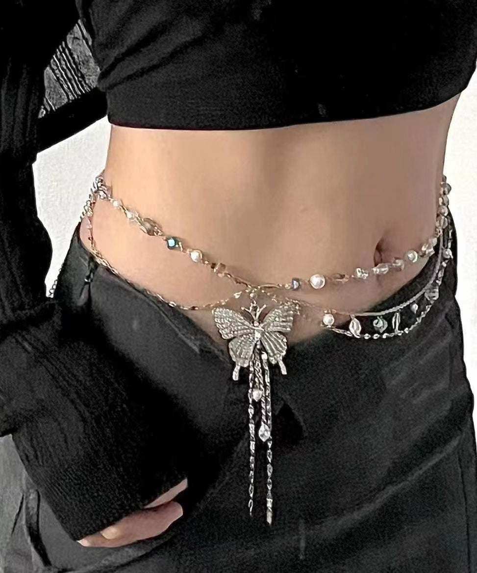 Boutique Silk Metal Butterfly Pearl Multilayer Tassel Lariat Necklace Zz066
