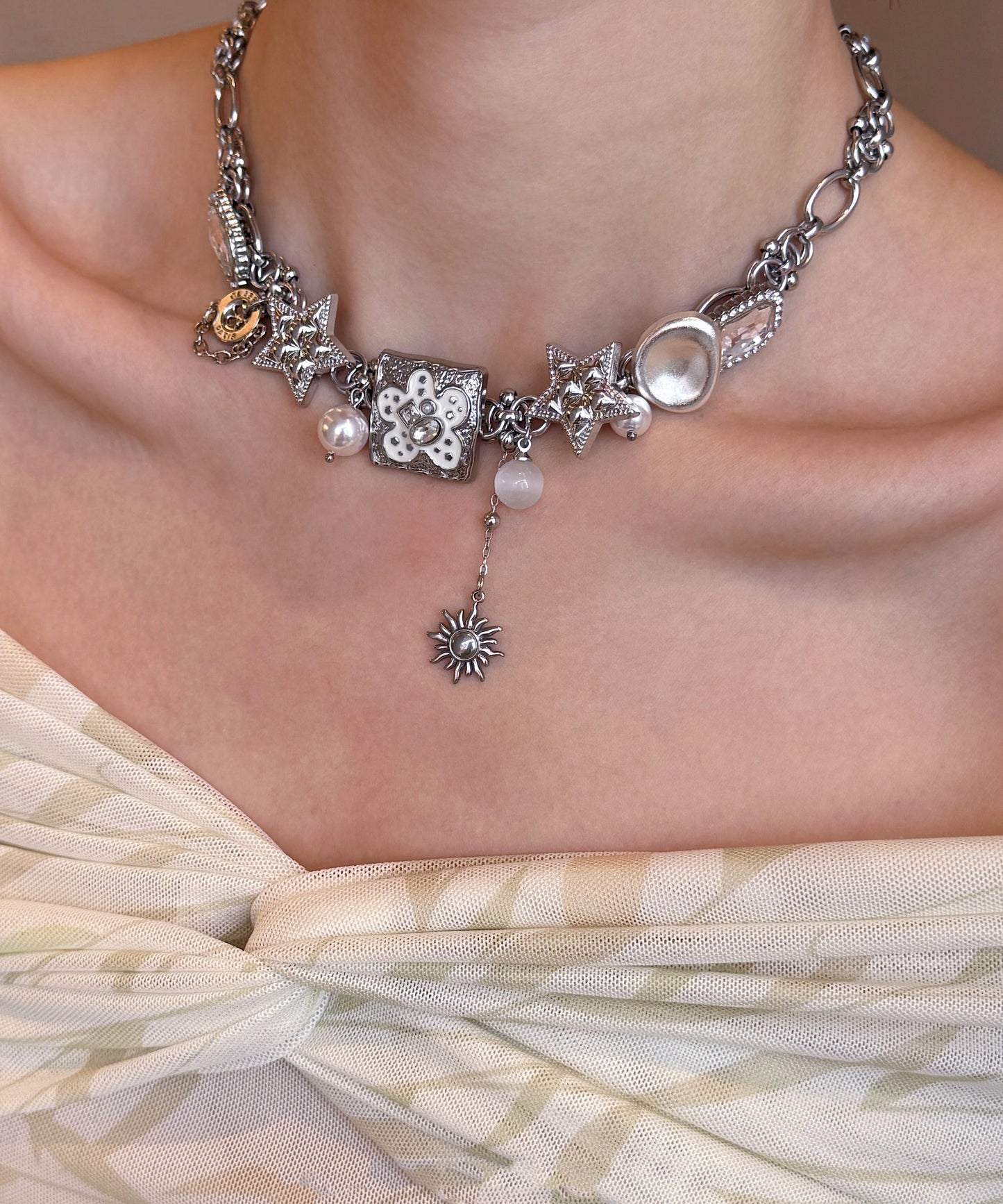 Boutique Silk Stainless Steel Star Pearl Cat's Eye Pendant Necklace