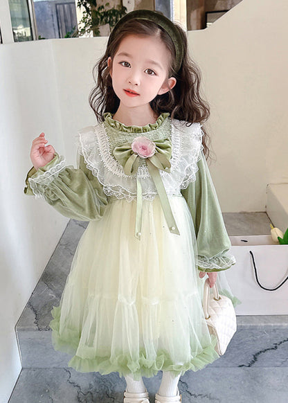 Boutique Silk Velour Patchwork Green Stand Collar Ruffled Tulle Maxi Dress Flare Sleeve Tg007