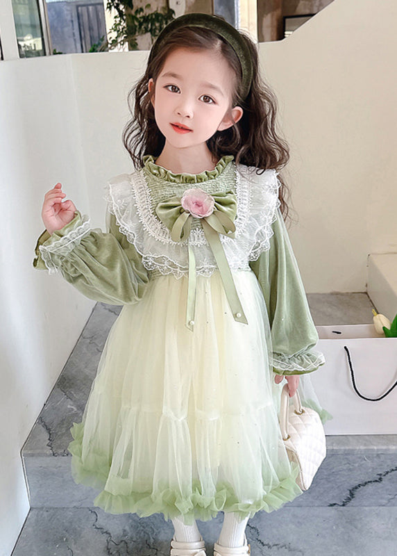 Boutique Silk Velour Patchwork Green Stand Collar Ruffled Tulle Maxi Dress Flare Sleeve Tg007