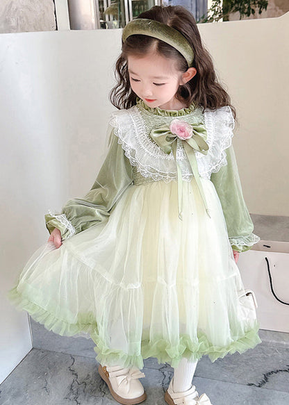 Boutique Silk Velour Patchwork Green Stand Collar Ruffled Tulle Maxi Dress Flare Sleeve Tg007
