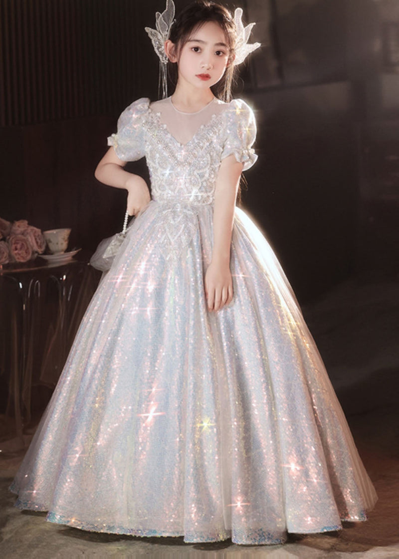 Boutique Silver Nail Bead Tulle Patchwork Vacation Long Dresses Summer Qv024