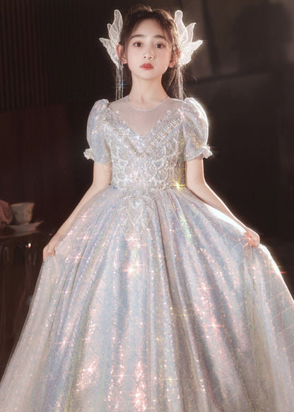 Boutique Silver Nail Bead Tulle Patchwork Vacation Long Dresses Summer Qv024