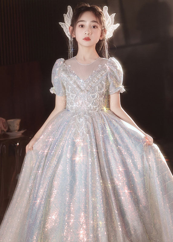 Boutique Silver Nail Bead Tulle Patchwork Vacation Long Dresses Summer Qv024