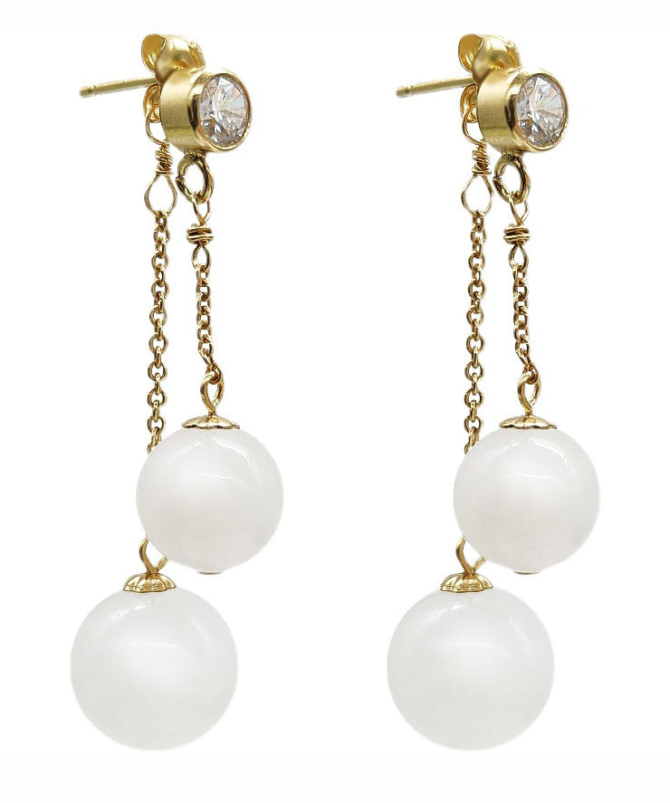 Boutique White 14k Gold Jade Zircon Tassel Drop Earrings