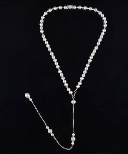 Boutique White Stainless Steel Pearl Chain Tassel Lariat Necklace Ya012