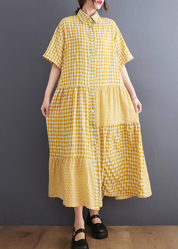 Boutique Yellow Peter Pan Collar Plaid Maxi Dresses Ac2074