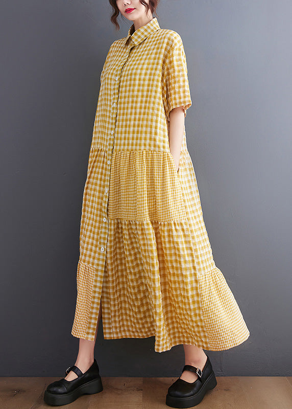 Boutique Yellow Peter Pan Collar Plaid Maxi Dresses Summer Ly0650