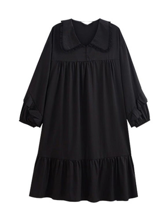 Brief Black Peter Pan Collar Patchwork Ice Silk Maxi Dress Spring Ly1899