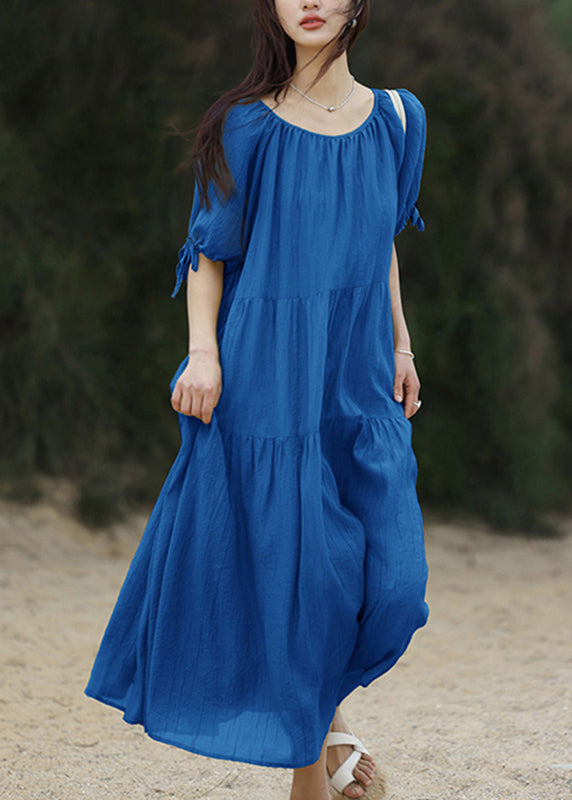 Brief Blue O-neck Patchwork Long Dresses Summer Ww024