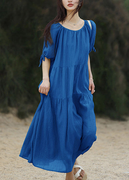 Brief Blue O-neck Patchwork Long Dresses Summer Ww024