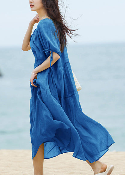 Brief Blue O-neck Patchwork Long Dresses Summer Ww024
