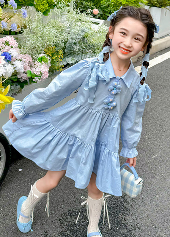 Brief Blue Peter Pan Collar Patchwork Button Maxi Dresses Long Sleeve Ye030