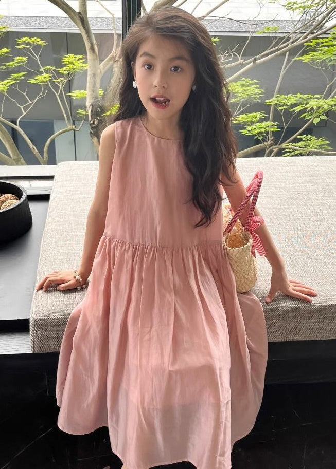 Brief Pink O-neck Patchwork Silk Kids Maxi Dresses Summer Gf009