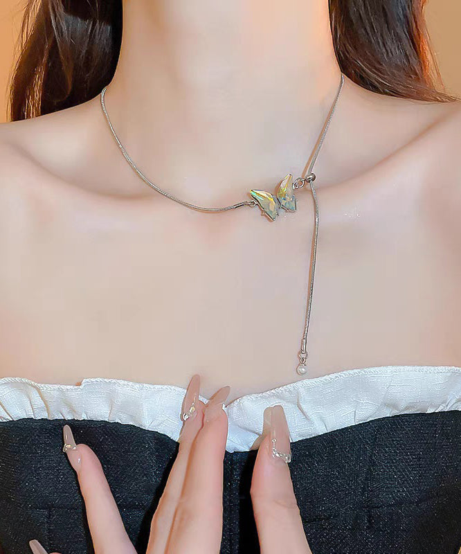 Brief Silk Stainless Steel Butterfly Tassel Pendant Necklace Ii022