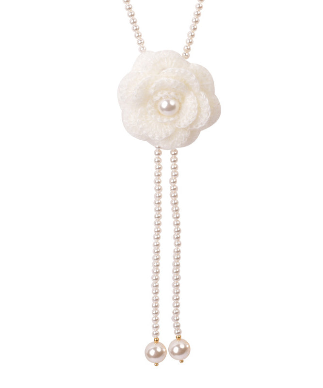 Brief White Alloy Camellia Pearl Beading Double Layered Pendant Necklace Yu023