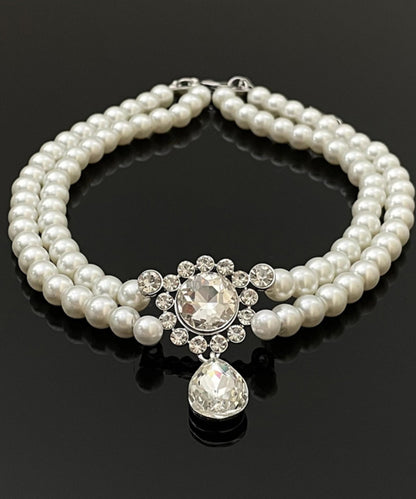 Brief White Alloy Zircon Double Layer Pearl Pendant Necklace Qj039