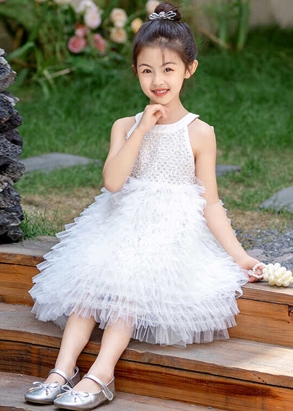 Brief White Bow Patchwork Tulle Kids Maxi Dress Summer Ew029