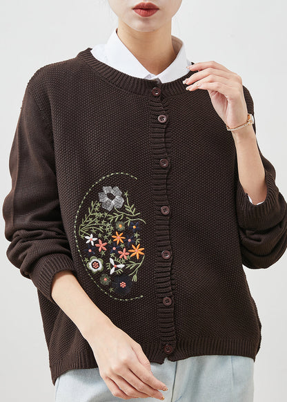 Brown Cozy Knit Cardigan Embroidered Spring Yu1044