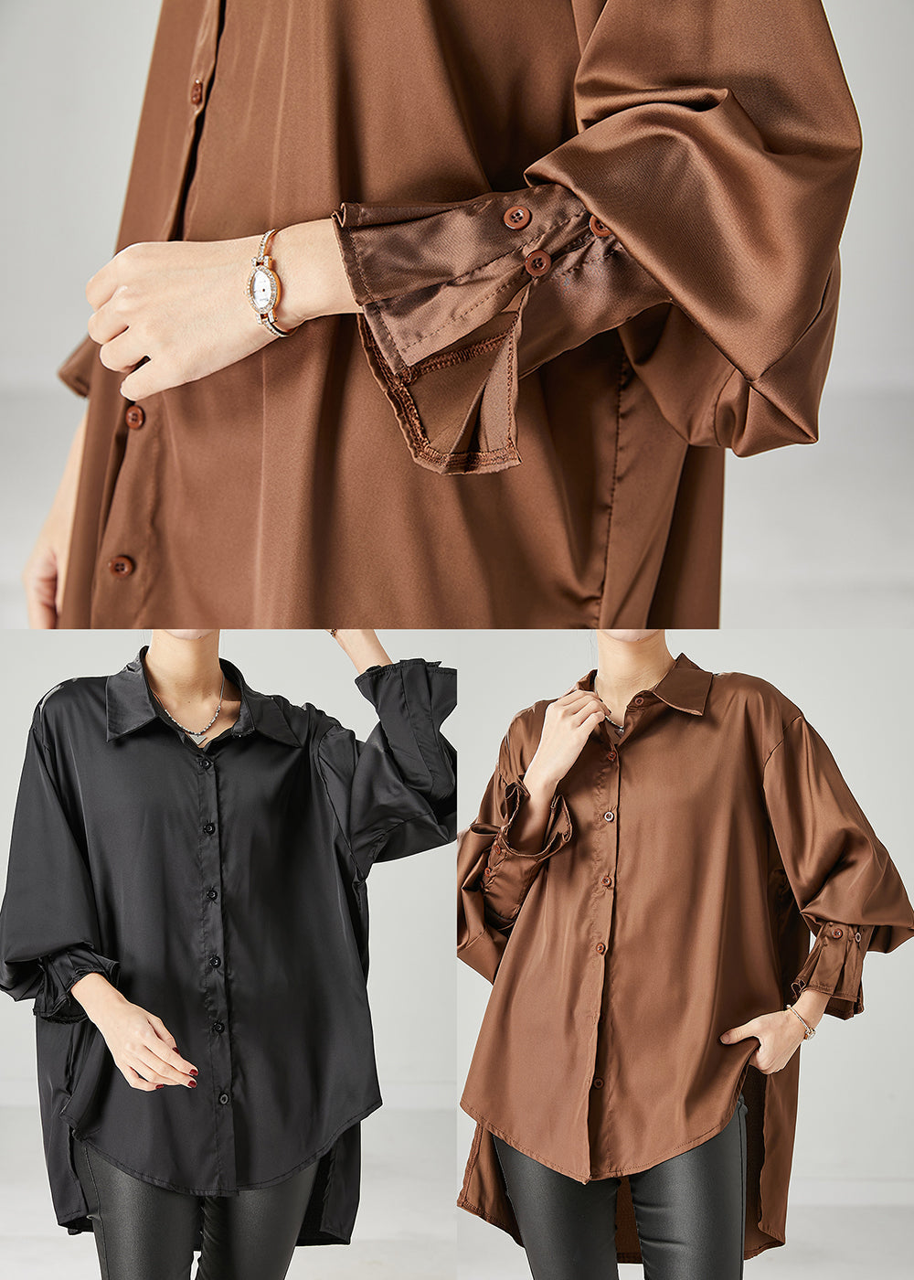Black Oversized Draping Chiffon Blouses Spring Yu1051