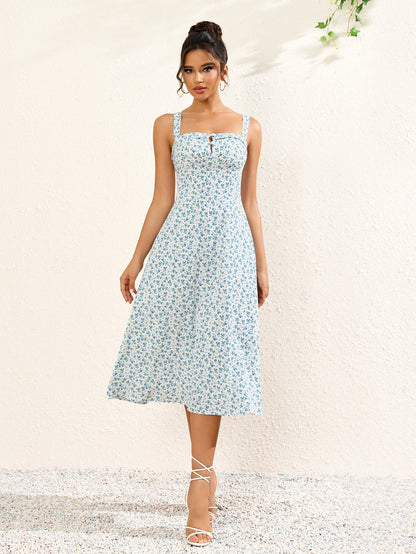 Button Bust Ruched Print Midi Dress