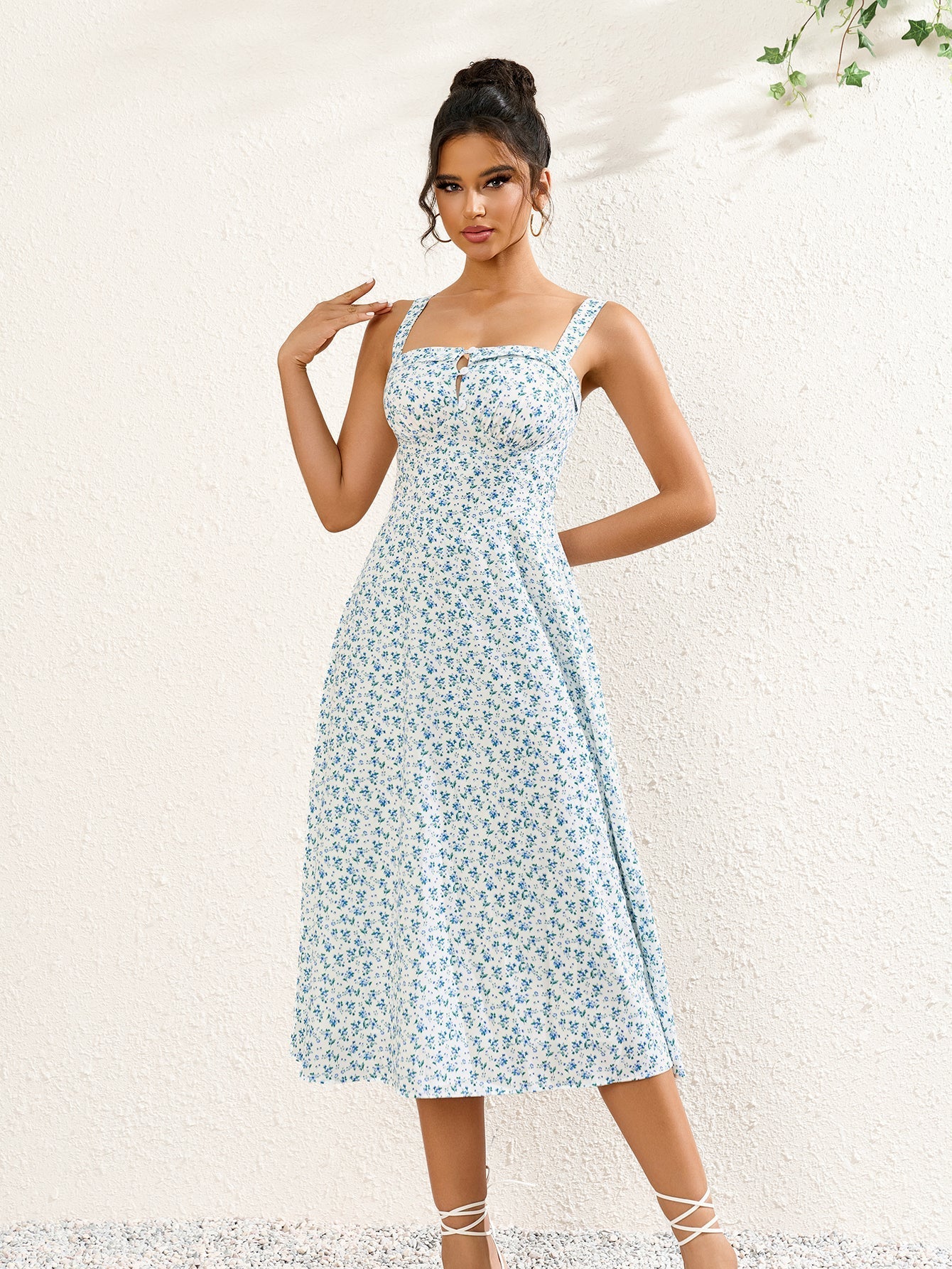 Button Bust Ruched Print Midi Dress