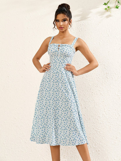 Button Bust Ruched Print Midi Dress