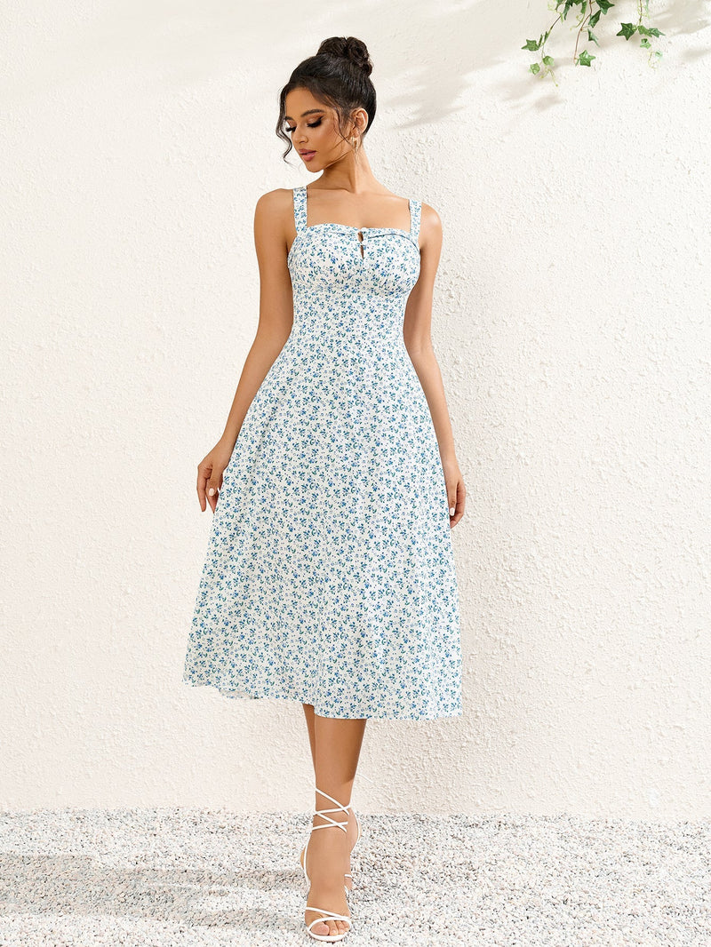 Button Bust Ruched Print Midi Dress