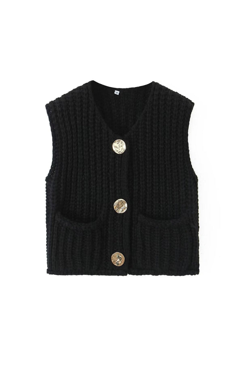 Button Front Sleeveless Pocket Knit Cardigan