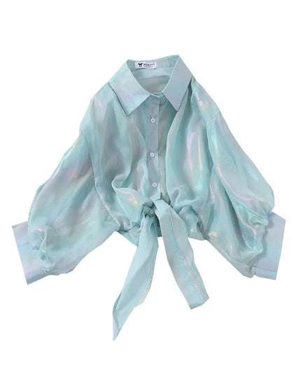 Buttoned Up Shirt Shirts Half Sleeve Shinning Sparkles Tied Waist Blouses for Autumn