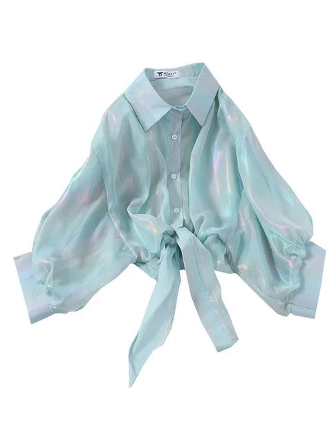 Buttoned Up Shirt Shirts Half Sleeve Shinning Sparkles Tied Waist Blouses for Autumn