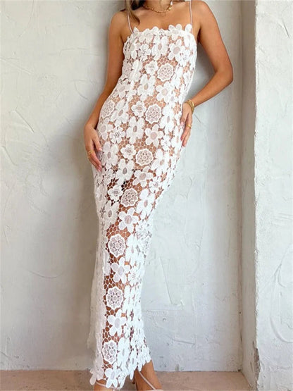 Lace Flower Hollow Out Sleeveless Maxi Dress