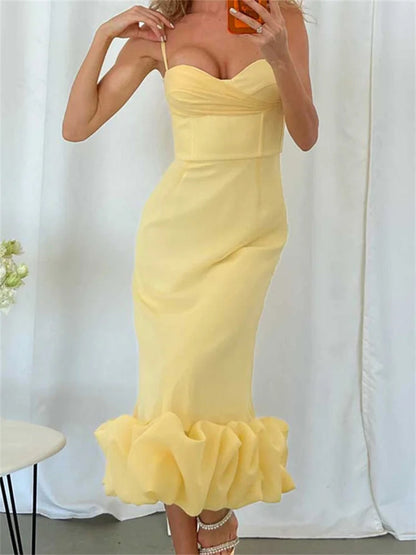 Cocktail Sleeveless Low Cut V-neck Slim Ruched Ruffles Midi Dress