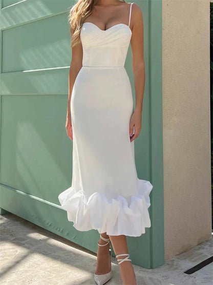 Cocktail Sleeveless Low Cut V-neck Slim Ruched Ruffles Midi Dress