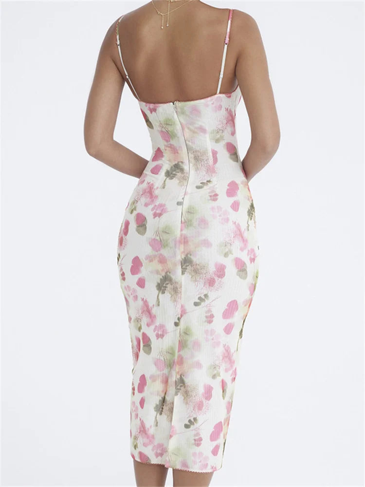 Sleeveless Strap Sling V-neck Print Slim Cocktail Party Midi Dress