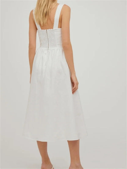 Square Neck Button-up Sling High Waist A-line Summer Midi Dress