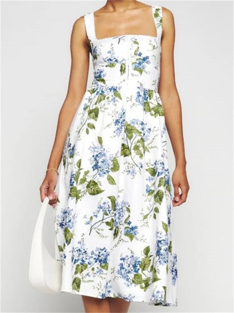 Square Neck Button-up Sling High Waist A-line Summer Midi Dress